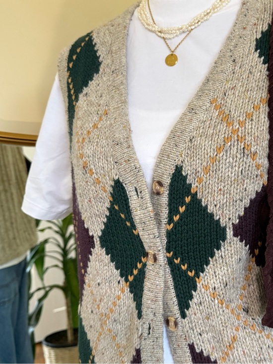 Cotton Ginny Handbags - Argyle Knit Shoulder Vest in Forest Green and Taupe